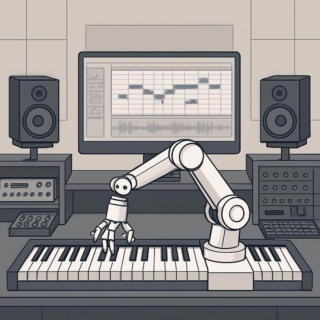 A cartoon illustration of a robotic arm lying over a keyboard, with a screen displaying a waveform behind it.