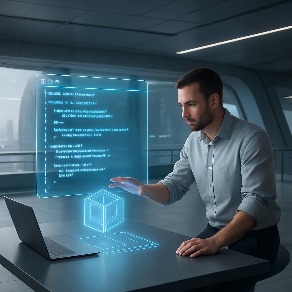 A man, dressed in business casual attire, sits at a desk with an open laptop, his hand gesturing as if interacting with a ...