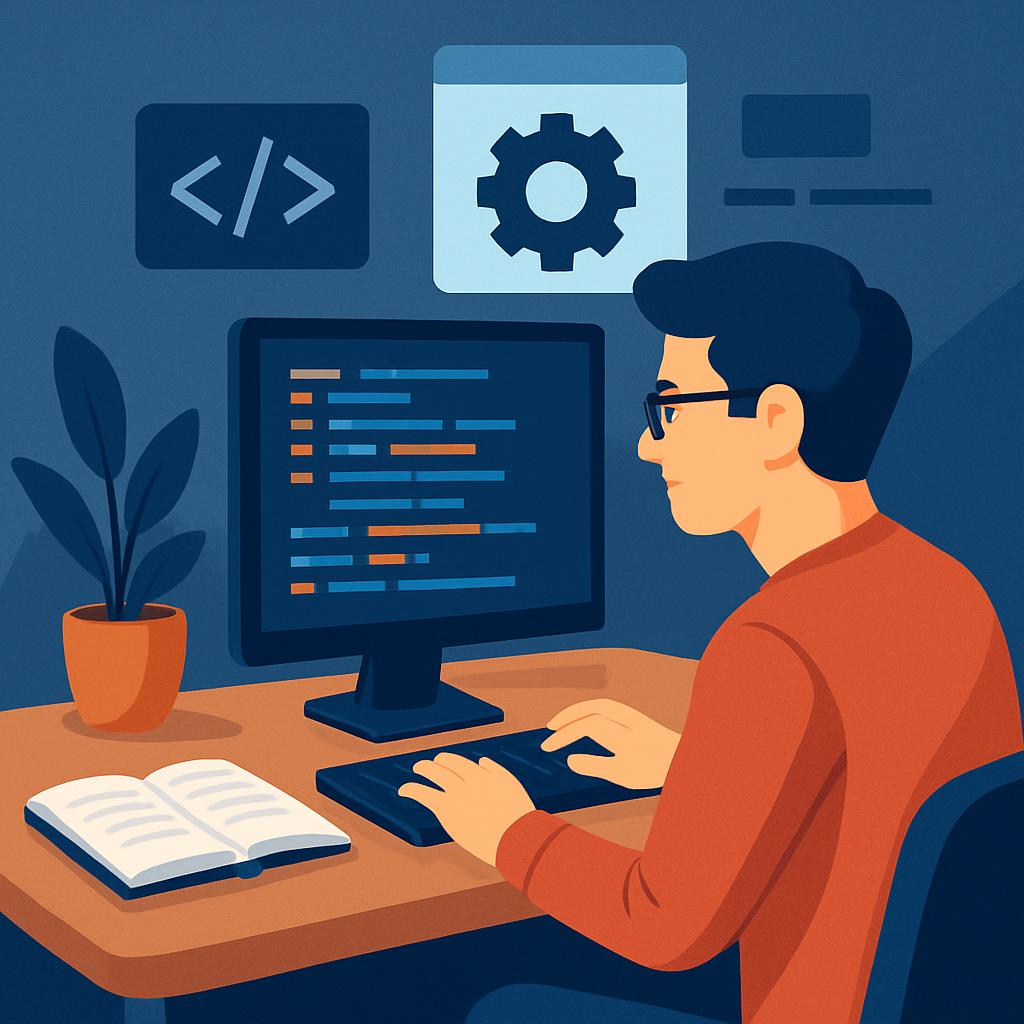 a man sitting at a desk typing on a keyboard in front of a computer monitor with a book and plant on the desk, there are p...